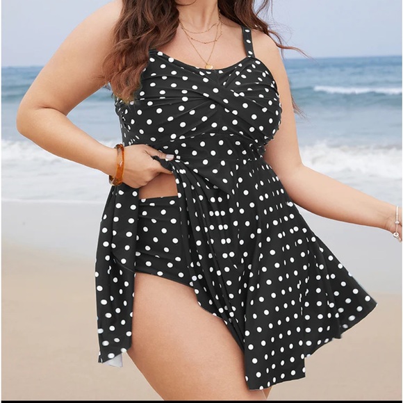 Size 22 - 24 • 3x • BloomChic • black Polka Dot Crossover Flutter Hem Swim Dress - Picture 4 of 7
